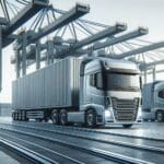 Camiones de logística en movimiento en un puerto moderno