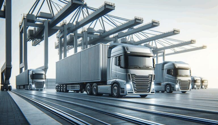 Camiones de logística en movimiento en un puerto moderno