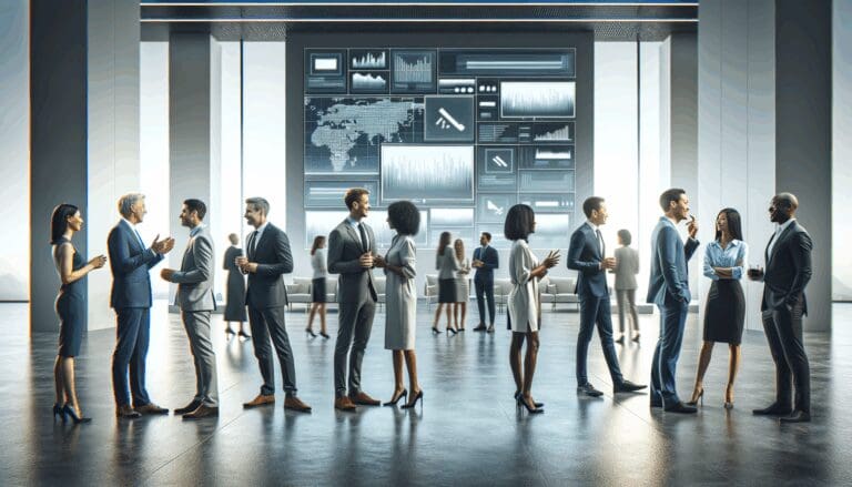 Personas conversando en un evento corporativo moderno con pantallas digitales de fondo