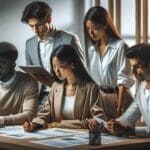 Equipo de emprendedores analizando datos médicos en una oficina moderna