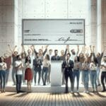 Equipo emprendedor celebrando con un cheque gigante dentro de un auditorio moderno