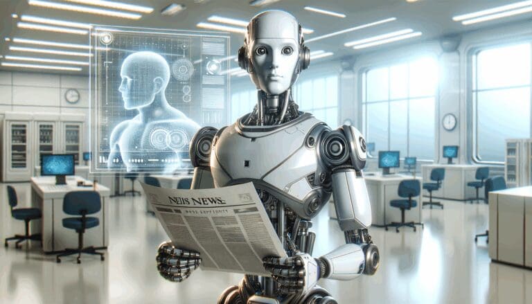 Render digital de un robot humanoide futurista en un entorno de laboratorio tecnológico