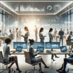 Oficina moderna con emprendedores trabajando en laptops y pantallas con dashboards de datos