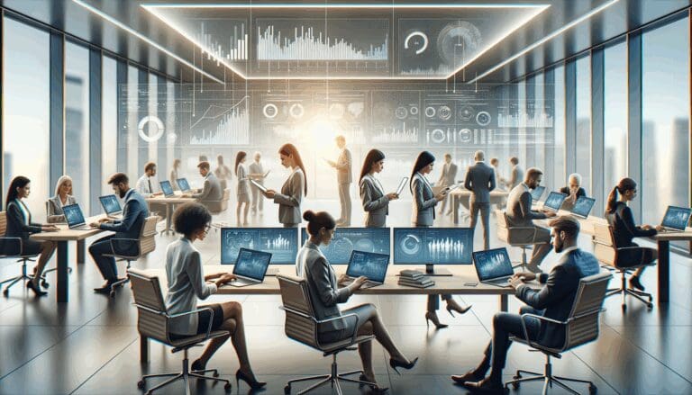 Oficina moderna con emprendedores trabajando en laptops y pantallas con dashboards de datos