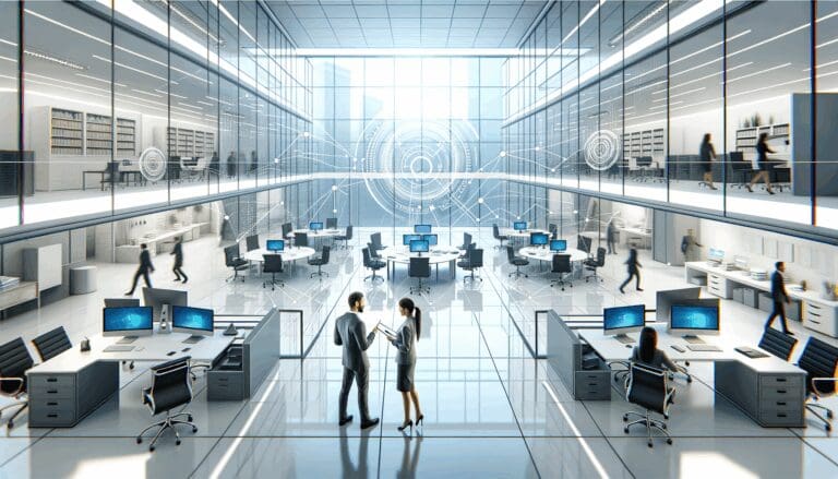 Ilustración de dos oficinas modernas conectándose digitalmente en un entorno tecnológico