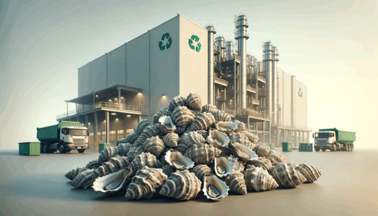 Montón de conchas de ostra frente a una planta de reciclaje moderna