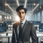 Retrato de un joven emprendedor en una oficina moderna con pantallas y luces tecnológicas