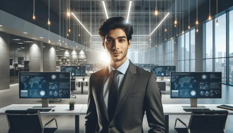 Retrato de un joven emprendedor en una oficina moderna con pantallas y luces tecnológicas