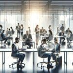 Oficinas modernas de una startup con emprendedores trabajando en laptops