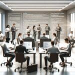 Oficina tecnológica con programadores trabajando en laptops en un entorno colaborativo