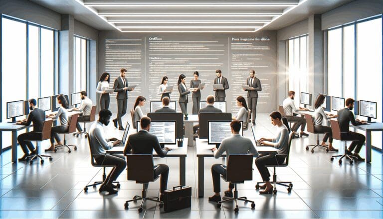 Oficina tecnológica con programadores trabajando en laptops en un entorno colaborativo