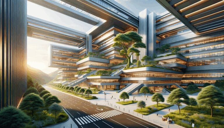 Centro de investigación tecnológico rodeado de naturaleza con infraestructura moderna