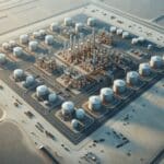 Vista aérea de una planta industrial rodeada de terrenos áridos y tanques de procesamiento