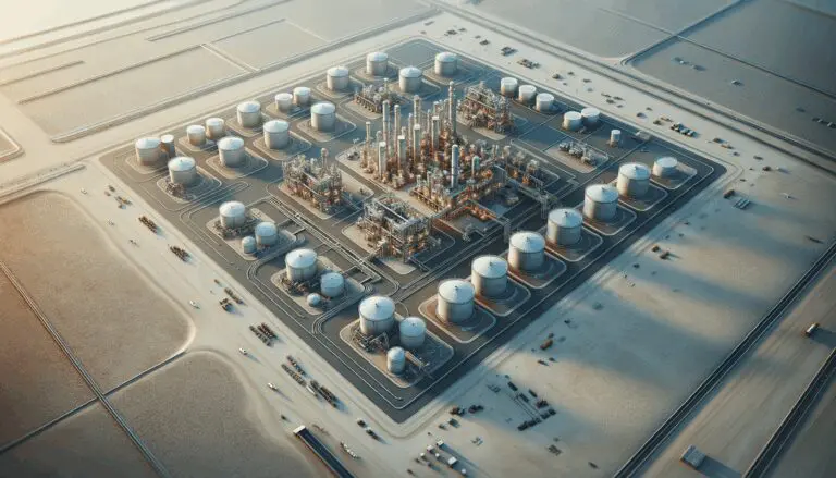 Vista aérea de una planta industrial rodeada de terrenos áridos y tanques de procesamiento