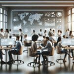 Oficina moderna con personas colaborando, rodeadas de pantallas con gráficos e interfaces de inteligencia artificial.