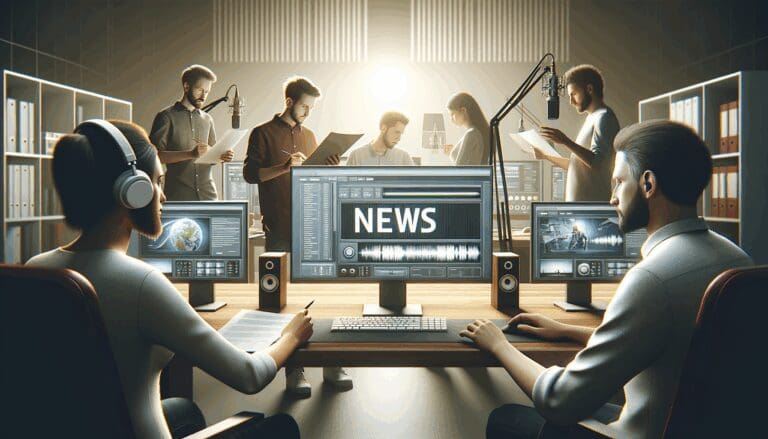 Equipo de desarrolladores y creativos trabajando en un estudio moderno con pantallas y equipos de audio