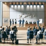 Grupo de emprendedores presentando ideas frente a un jurado en un auditorio moderno