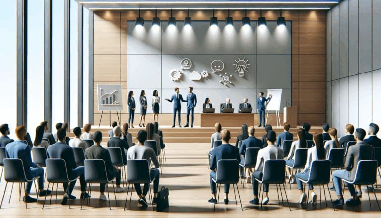 Grupo de emprendedores presentando ideas frente a un jurado en un auditorio moderno