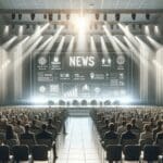 Auditorio lleno durante un evento de startups con luces modernas y pantallas digitales