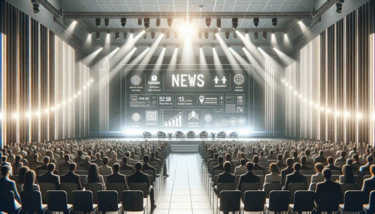 Auditorio lleno durante un evento de startups con luces modernas y pantallas digitales