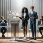 Dos jóvenes emprendedores presentando una solución tecnológica frente a un panel en un foro de innovación