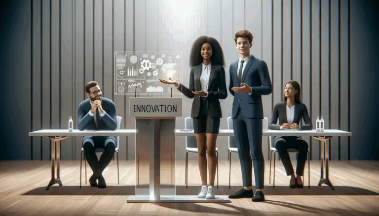 Dos jóvenes emprendedores presentando una solución tecnológica frente a un panel en un foro de innovación