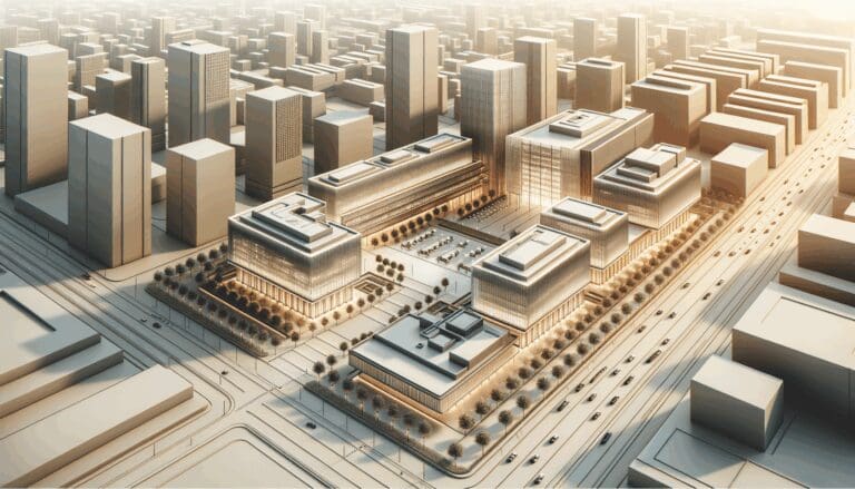 Vista aérea de un campus tecnológico con edificios modernos