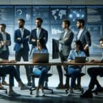 Equipo de emprendedores colaborando frente a pantallas con datos y códigos en una oficina moderna