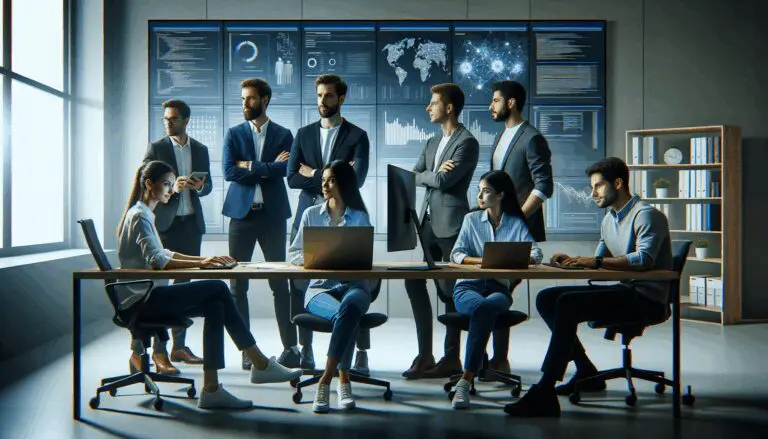 Equipo de emprendedores colaborando frente a pantallas con datos y códigos en una oficina moderna