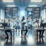 Laboratorio tecnológico con un equipo desarrollando hardware cuántico