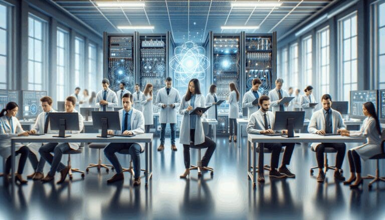 Laboratorio tecnológico con un equipo desarrollando hardware cuántico