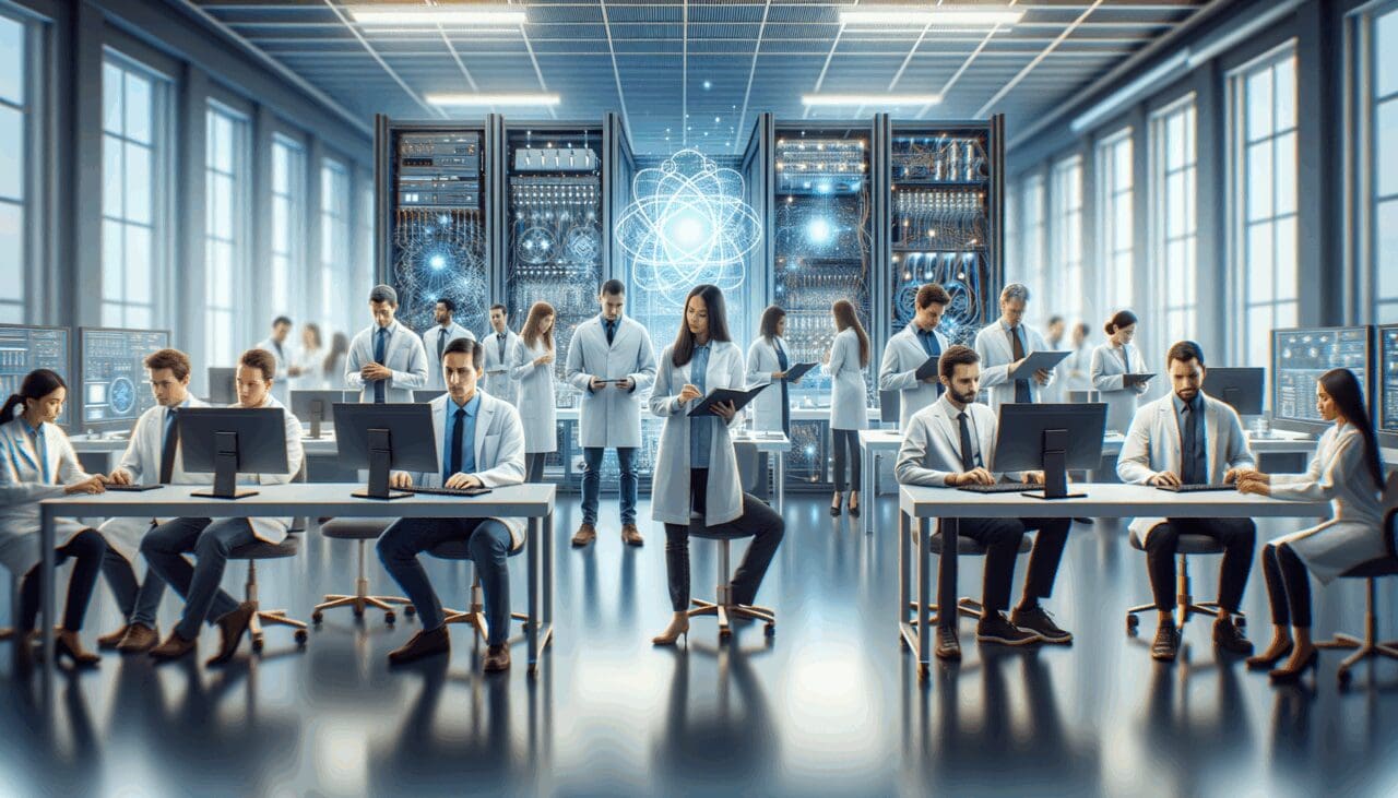 Laboratorio tecnológico con un equipo desarrollando hardware cuántico