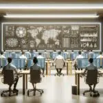 Sala moderna con programadores trabajando frente a pantallas y gráficos de inteligencia artificial