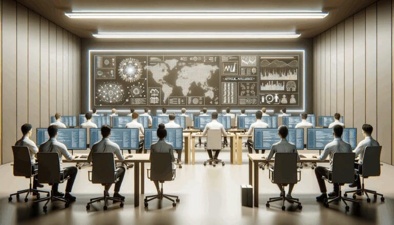 Sala moderna con programadores trabajando frente a pantallas y gráficos de inteligencia artificial