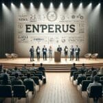 Auditorio moderno con emprendedores presentando frente a inversionistas atentos