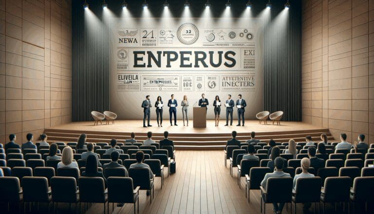 Auditorio moderno con emprendedores presentando frente a inversionistas atentos