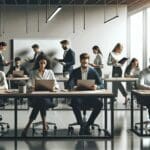 Equipo de emprendedores trabajando en una oficina moderna con laptops y pizarras blancas