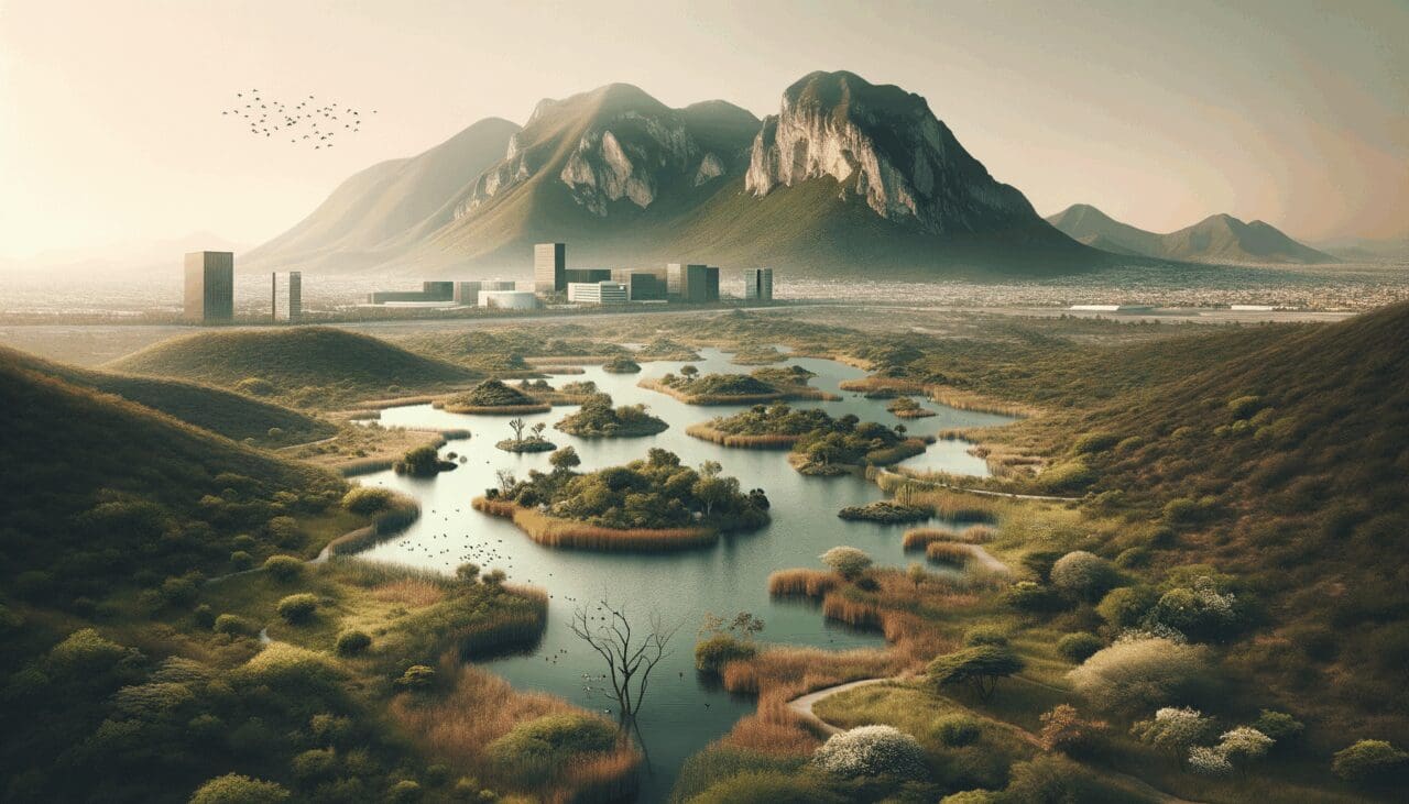 Zona natural en Querétaro con cuerpos de agua y vegetación restaurada