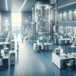 Laboratorio moderno de biomecánica con equipo tecnológico avanzado y científicos trabajando