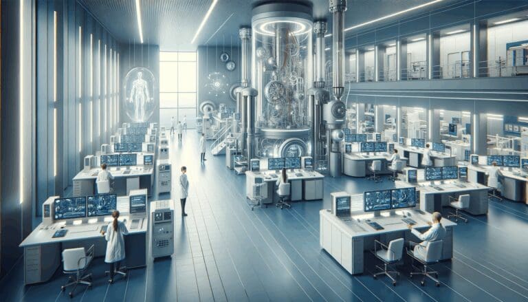 Laboratorio moderno de biomecánica con equipo tecnológico avanzado y científicos trabajando