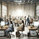 Oficina moderna con equipos tecnológicos avanzados y personas colaborando.