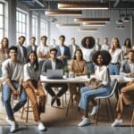 Grupo de jóvenes emprendedores reunidos en un espacio de coworking.