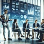 Jóvenes emprendedores dialogan frente a pantallas digitales en un evento tecnológico moderno