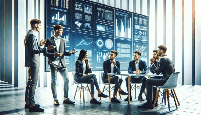 Jóvenes emprendedores dialogan frente a pantallas digitales en un evento tecnológico moderno