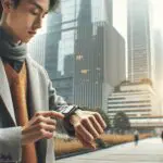 Joven usando dispositivo wearable en un entorno urbano tecnológico de día