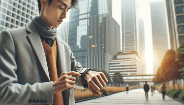 Joven usando dispositivo wearable en un entorno urbano tecnológico de día