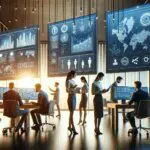 Equipo emprendedor trabajando frente a pantallas con datos y algoritmos en un entorno moderno