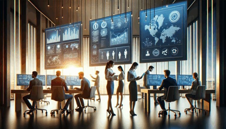 Equipo emprendedor trabajando frente a pantallas con datos y algoritmos en un entorno moderno