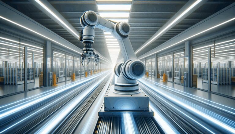 Brazo robótico en movimiento dentro de un centro logístico automatizado de última generación