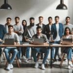 Empresarios jóvenes reunidos en un coworking moderno con laptops y pizarras digitales